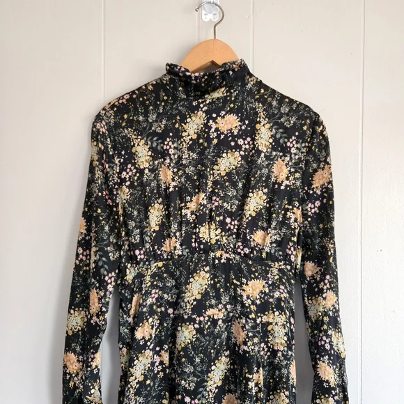 Zara Blogger FAV Floral Midi Dress high mock neck full A-line skirt curved hem S - Picture 4 of 12